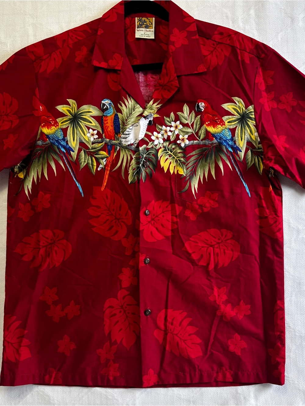Winnie Fashion Mens L Red Hawaiian Shirt Parrot Tropical Aloha Made in Hawaii